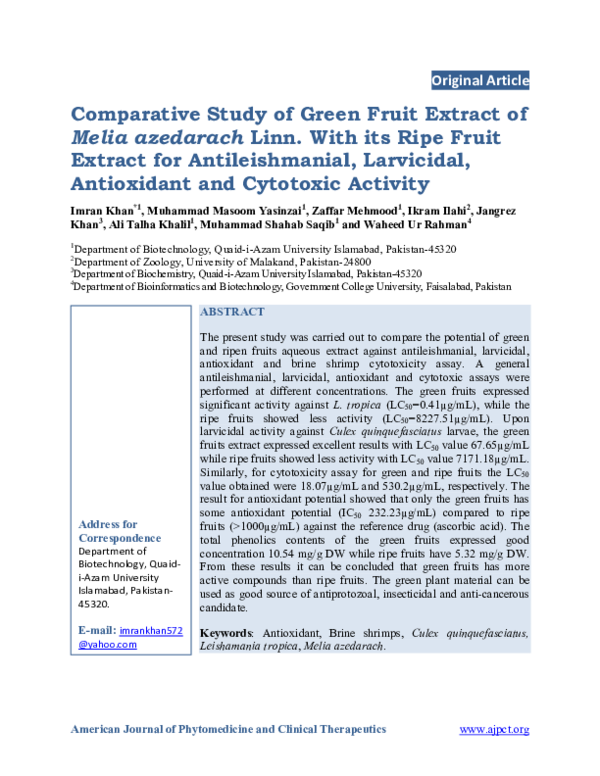 (PDF) Comparative Study of Green Fruit Extract of Melia azedarach Linn