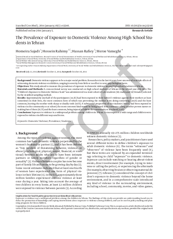 (PDF) The Prevalence of Exposure to Domestic Violence Among High School ...
