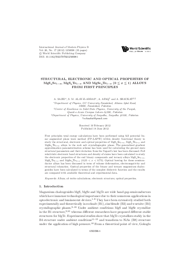 (PDF) STRUCTURAL, ELECTRONIC AND OPTICAL PROPERTIES OF MgS x Se 1−x ...