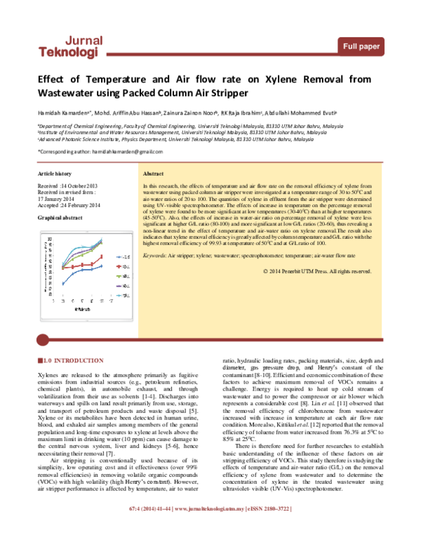 (PDF) Effect of Temperature and Air flow rate on Xylene Removal from ...