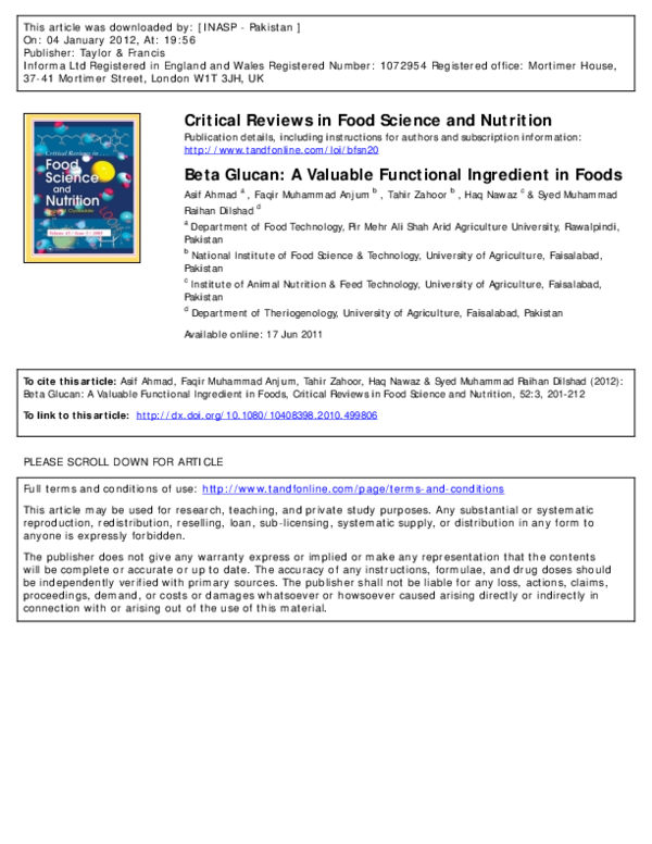 (PDF) Critical Reviews in Food Science and Nutrition Beta Glucan A Valuable Functional (PDF) Critical Reviews in Food Science and Nutrition Beta Glucan A Valuable Functional