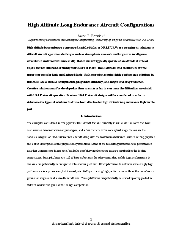 (PDF) High Altitude Long Endurance UAV Configurations