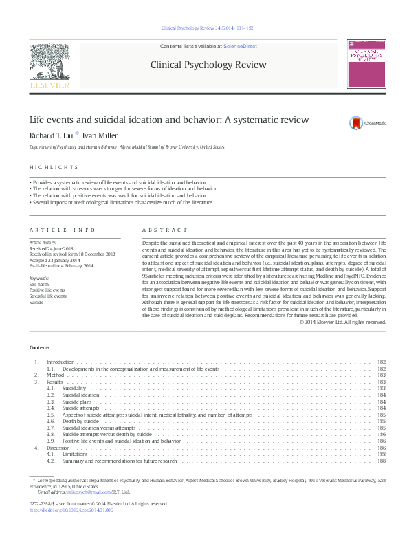 Life events and suicidal ideation and behavior: A systematic review