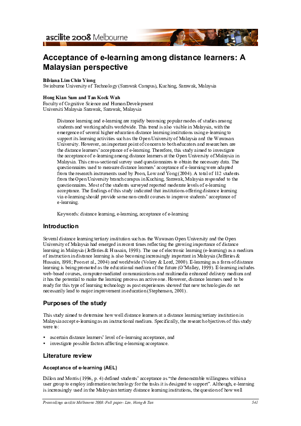 (PDF) Acceptance of e-learning among distance learners: A Malaysian ...