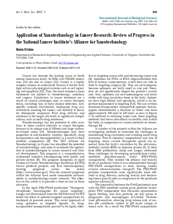 (PDF) Application of Nanotechnology in Cancer Research: Review of ...