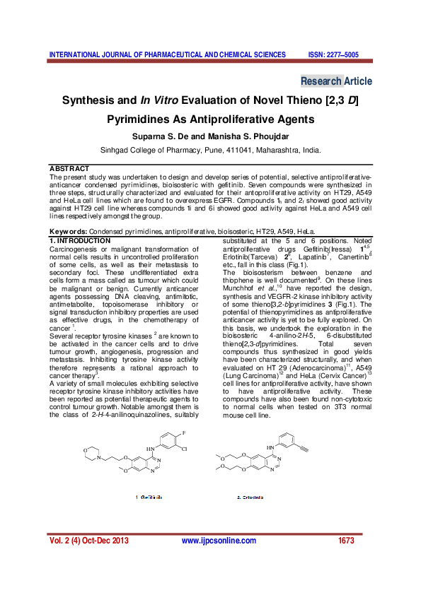 (PDF) Synthesis and In Vitro Evaluation of Novel Thieno [2,3 D ...