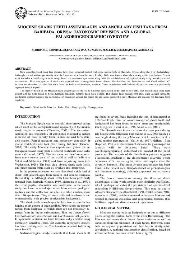 (PDF) MIOCENE SHARK TEETH ASSEMBLAGES AND ANCILLARY FISH TAXA FROM ...