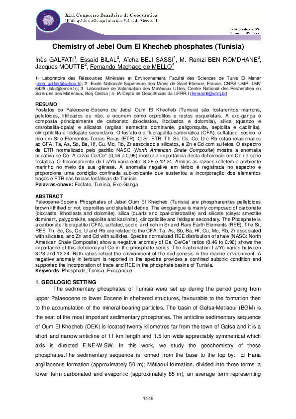Pdf Chemistry Of Jebel Oum El Khecheb Phosphates Tunisia