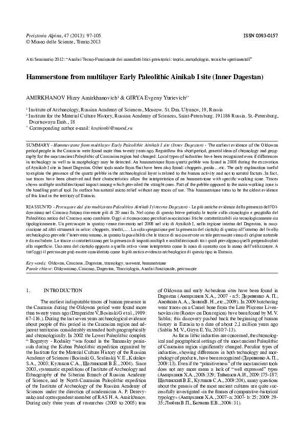 (PDF) Hammerstone from multilayer Early Paleolithic Ainikab I site