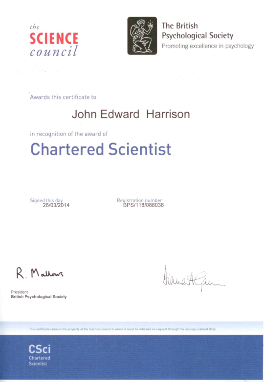(PDF) Chartered Scientist certificate John Harrison Academia.edu