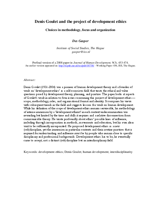 (PDF) Denis Goulet and the project of development ethics choices in