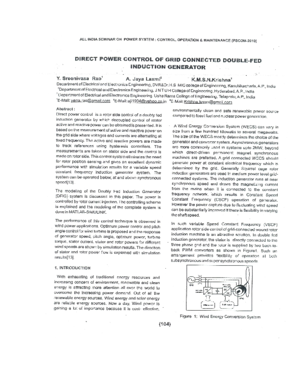 (DOC) Direct Power Control of Grid Connected Double Fed Induction Generator