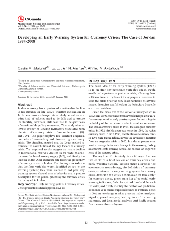 (PDF) Developing an Early Warning System For Currency Crises the case