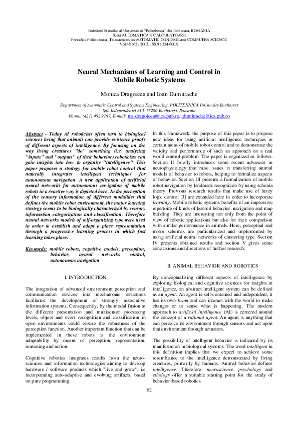 (PDF) Neural Mechanisms of Learning and Control in Mobile Robotic Systems