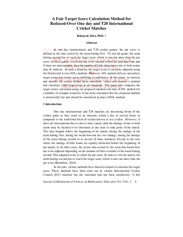 (PDF) A Fair Target Score Calculation Method for Reduced-Over One day ...