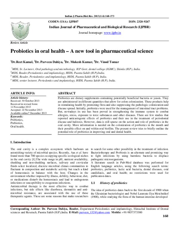 (PDF) Probiotics in oral health A new tool in pharmaceutical science