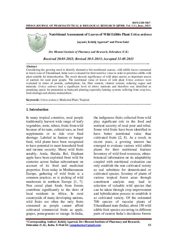 (PDF) Nutritional Assessment of Leaves of Wild Edible Plant Urtica ardence