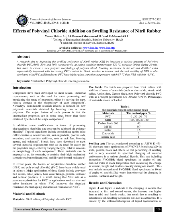 Effects of Polyvinyl Chloride Addition on Swelling Resistance of Nitril Rubber Ali I. Al