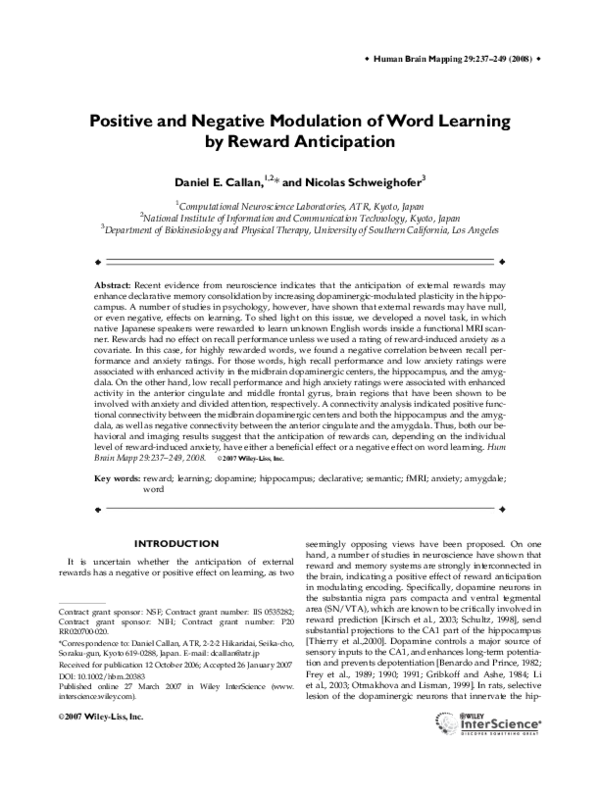 (PDF) Positive and negative modulation of word learning by reward ...