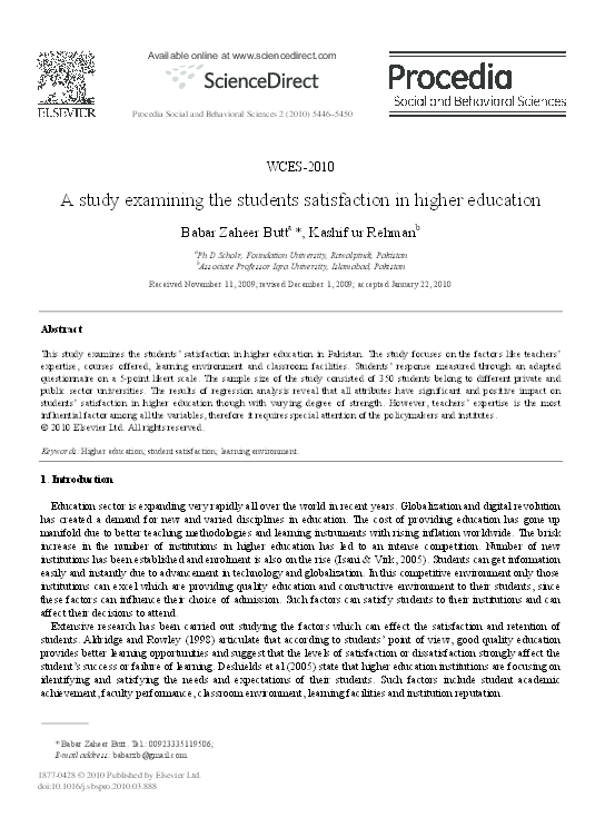 (PDF) A study examining the students satisfaction in higher education
