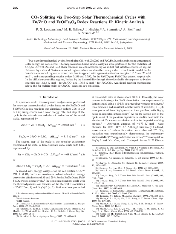 Pdf Co 2 Splitting Via Two Step Solar Thermochemical Cycles With Zn