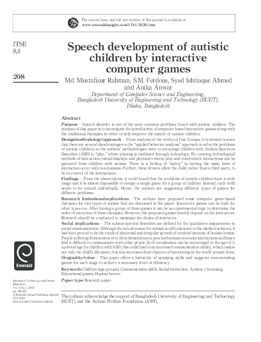 (PDF) Speech development of autistic children by interactive computer games