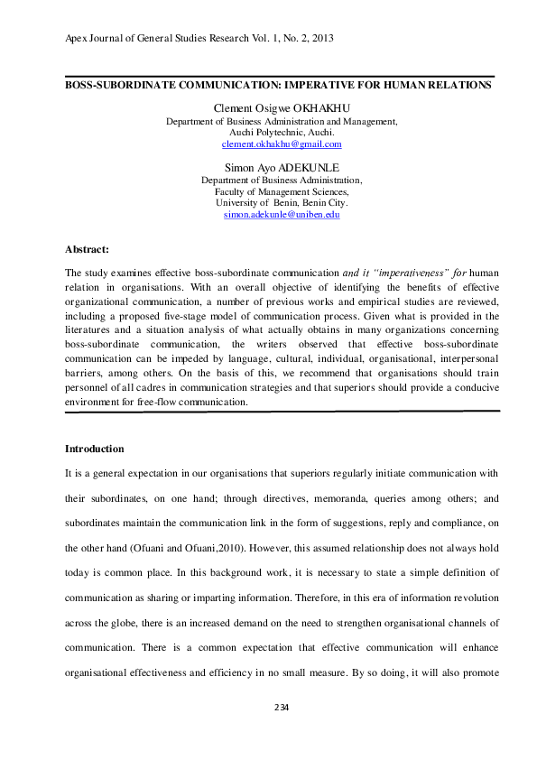 (PDF) BOSS-SUBORDINATE COMMUNICATION: IMPERATIVE FOR HUMAN RELATIONS
