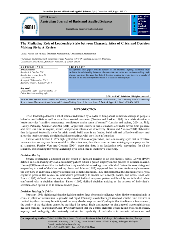 (PDF) The Mediating Role of Leadership Style between Characteristics of ...