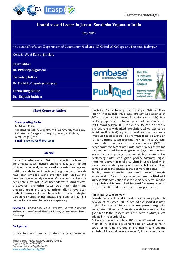 (PDF) Unaddressed issues in Janani Suraksha Yojana in India