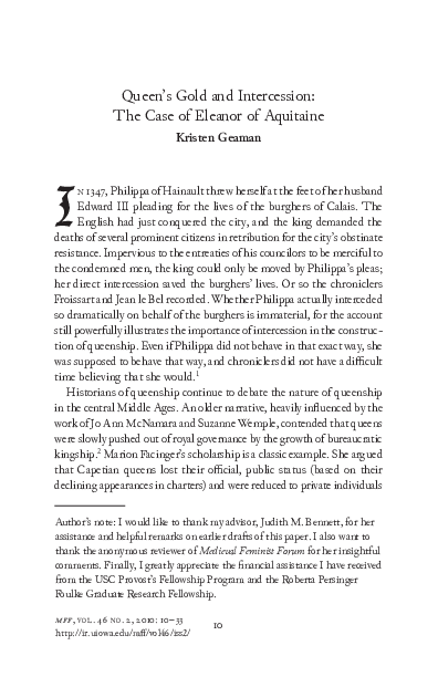 Queen's Gold and Intercession: The Case of Eleanor of Aquitaine