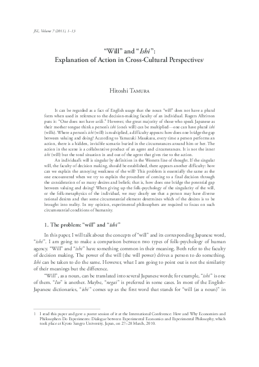 (PDF) Hitoshi Tamura “Will” and “Ishi ”: Explanation of Action in Cross ...
