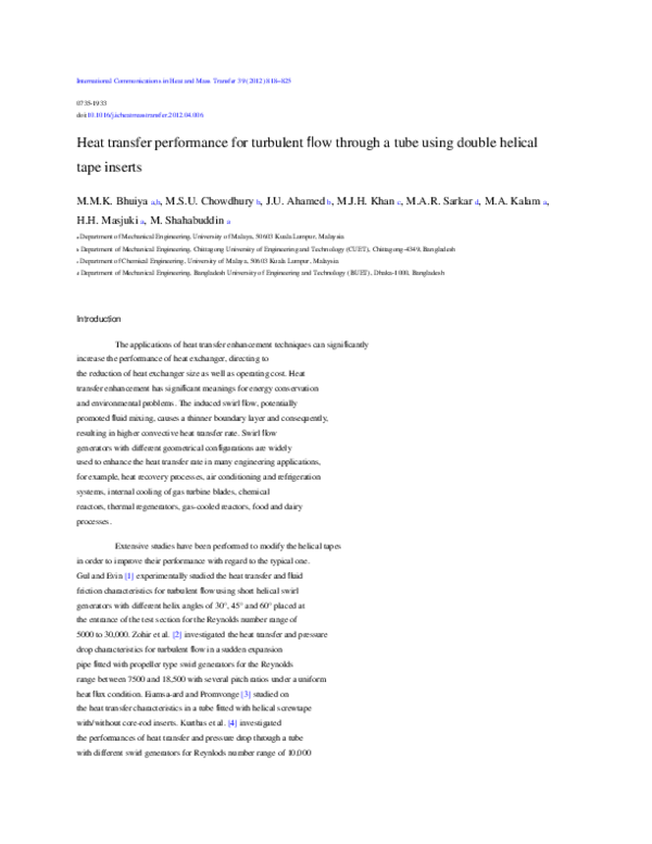 (PDF) Heat transfer performance for turbulent flow through a tube using
