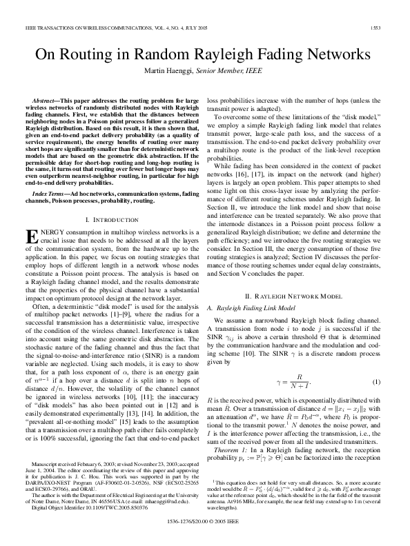 (PDF) On routing in random Rayleigh fading networks