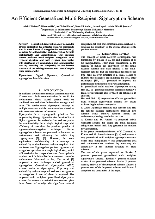 (PDF) An Efficient Generalized Multi Recipient Signcryption Scheme