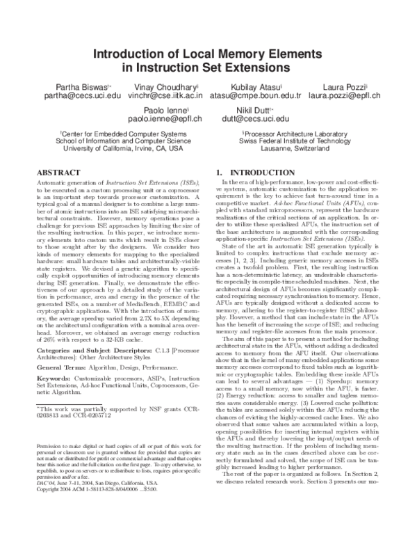 (PDF) Introduction of local memory elements in instruction set extensions