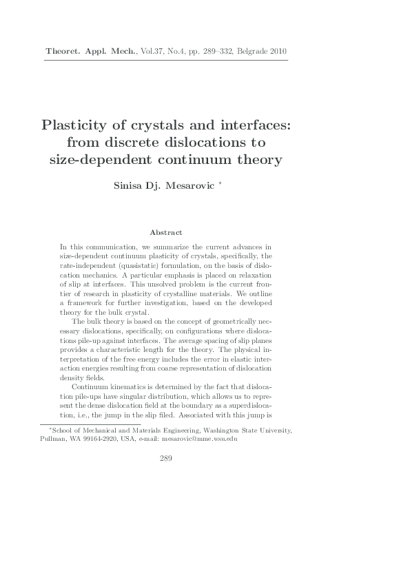 (PDF) Plasticity of crystals and interfaces: From discrete dislocations ...
