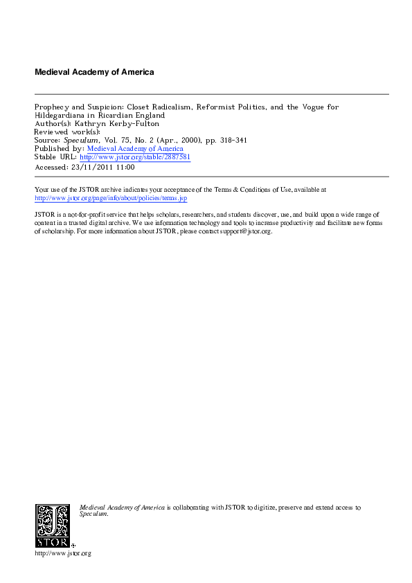 Prophecy and Suspicion: Closet Radicalism, Reformist Politics, and the Vogue for Hildegardiana in Ricardian England