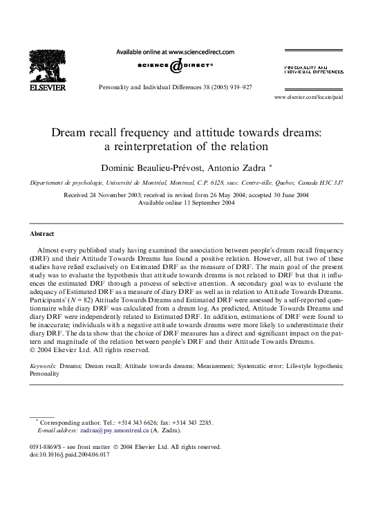 (PDF) Dream recall frequency and attitude towards dreams: a ...