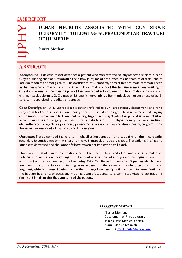 (PDF) ULNAR NEURITIS ASSOCIATED WITH GUN STOCK DEFORMITY FOLLOWING