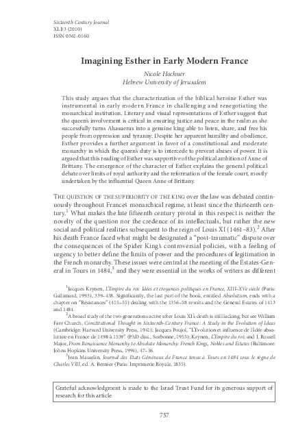 'Imagining Esther in Early Modern France.' Sixteenth Century Journal 41, no. 3 (2010), 757-787