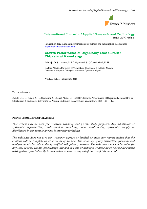 (PDF) Growth performance of organically raised broiler chickens at 8 ...