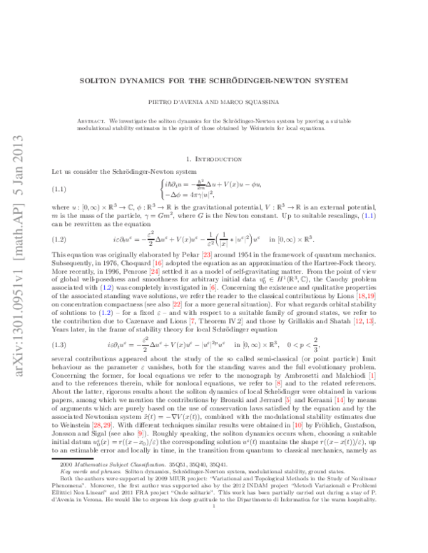 (PDF) Soliton dynamics for the Schrodinger-Newton system