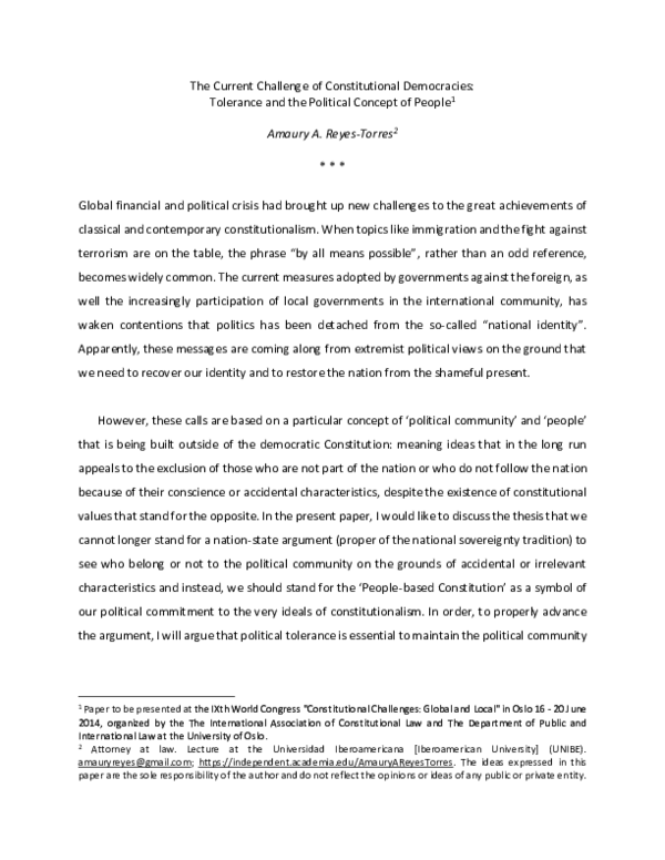 (PDF) The Current Challenge of Constitutional Democracies: Tolerance ...