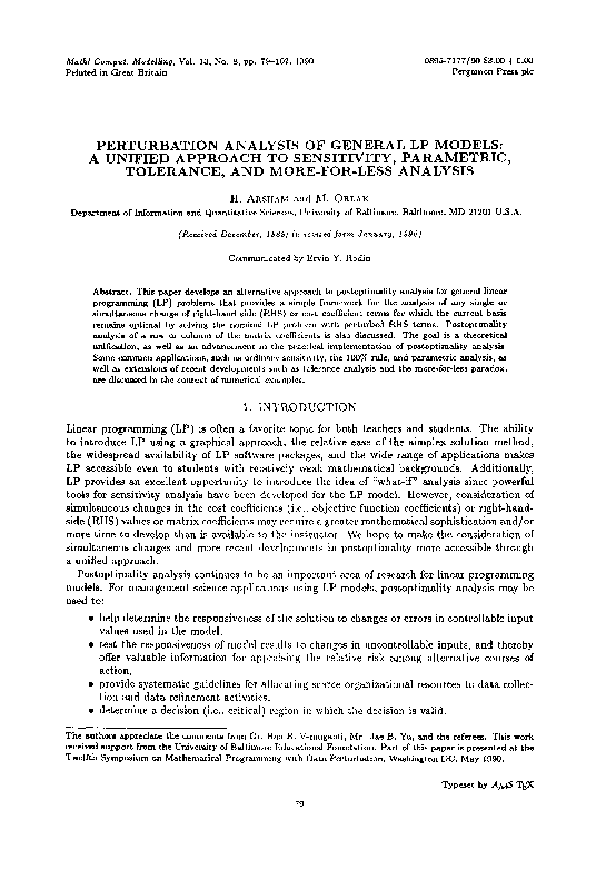 (PDF) Perturbation Analysis of General LP Models: A Unified Approach to ...