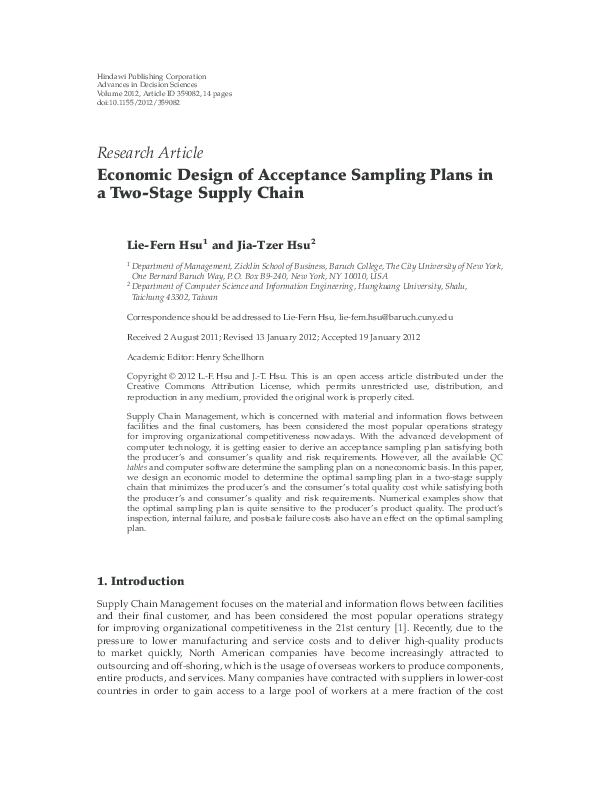 (PDF) Economic Design of Acceptance Sampling Plans in a Two-Stage ...