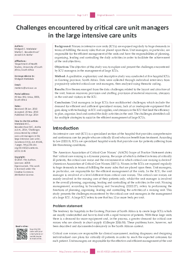 (PDF) Challenges encountered by critical care unit managers in the ...
