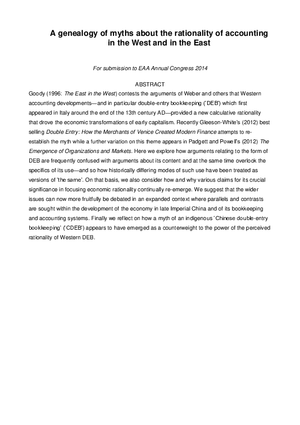 (PDF) A genealogy of myths about the rationality of accounting in the