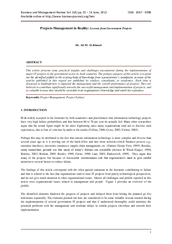 (PDF) Projects Management in Reality: Lessons from Government Projects ...