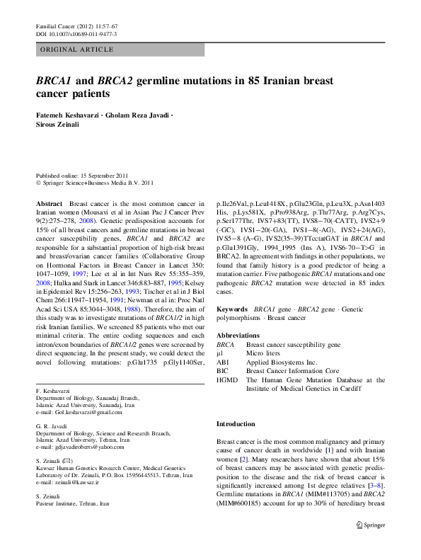 (PDF) BRCA1 and BRCA2 germline mutations in 85 Iranian breast cancer ...