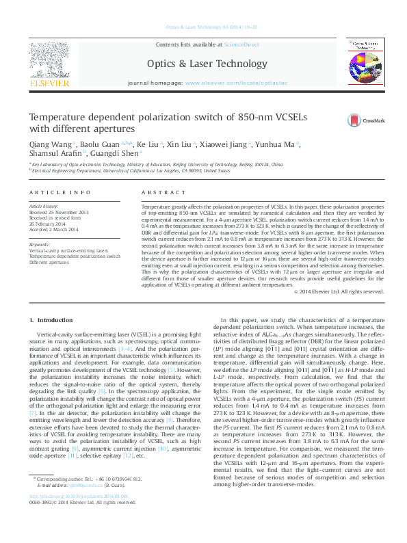 (PDF) Temperature dependent polarization switch of 850-nm VCSELs with ...